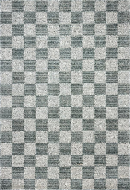 Loloi Chris Loves Julia Calvin Collection CLV-01 Blue/Ivory 5'-3" x 5'-3" Round Area Rug Checkered Neutral Soft Living Room Bedroom Carpet