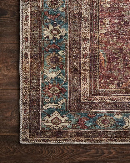 Loloi Layla Collection LAY-01 Brick/Blue 7'-6" x 9'-6" .13" Thick Area Rug, Soft, Durable, Vintage Inspired, Distressed, Low Pile, Non-Shedding, Easy Clean, Printed, Living Room Rug