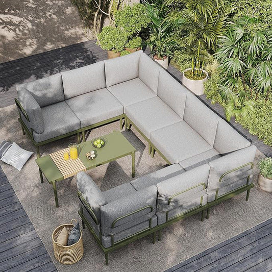 Sundale Outdoor 9 Pieces Patio Furniture Set, U-Shaped Outdoor Sectional Sofa with 6 Inch Olefin Cushion and Coffee Table, Modern Metal Outdoor Conversation Sets (8 Seats,Green Frame)