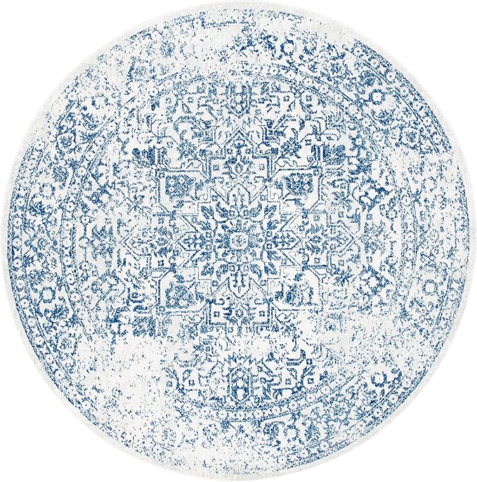 SAFAVIEH Evoke Collection Area Rug - 6'7" Round, Ivory & Navy, Distressed Design, Non-Shedding & Easy to Clean, Ideal for Living Room, Bedroom, Dining Space (EVK256N)