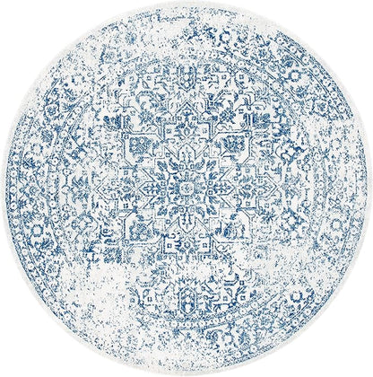 SAFAVIEH Evoke Collection Area Rug - 6'7" Round, Ivory & Navy, Distressed Design, Non-Shedding & Easy to Clean, Ideal for Living Room, Bedroom, Dining Space (EVK256N)
