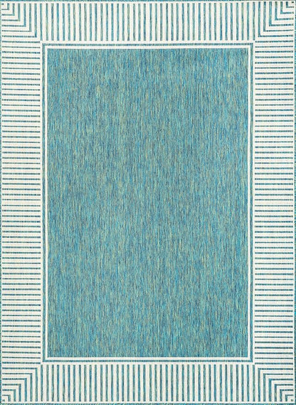nuLOOM 4' x 6' Outdoor Area Rug, Casual Design With Striped Border, Stain Resistant, Highly Durable, For Patio, Balcony, Bedroom, Living Room, Dining Room, Bathroom, Teal