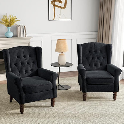 Mid-Century Modern Wingback Chair - Plush Upholstered Accent Armchair with Solid Oak Legs, Ergonomic High Back Lounge Chair for Living Room, Bedroom Office - Retro Reading Chair Bluish Black