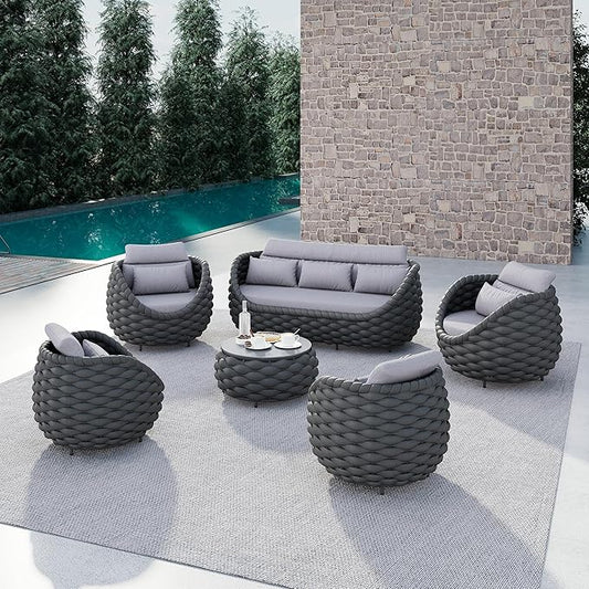 Metal Outdoor Conversation Sets: 6-Piece Aluminum Patio Furniture Set - Woven Rope Porch Sofa Set w/Coffee Table Cushions - Assembled Modern Lounge Couch for Deck Garden Yard Pool Hotel Resort