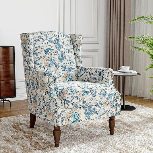 Floral Wingback Accent Chair, High Back Upholstered Armchair, Comfy Fabric Wingback Arms Chairs with Retro Solid Wood Legs, Single Sofa Reading Chair for Bedroom Living Room, Boho Blue