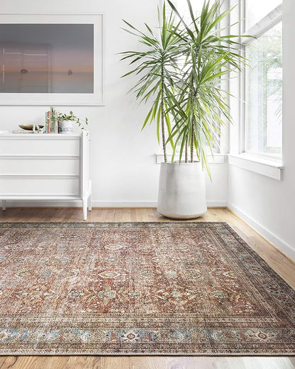 Loloi Layla Collection LAY-01 Brick/Blue 2'-0" x 5'-0" .13" Thick Accent Rug, Soft, Durable, Vintage Inspired, Distressed, Low Pile, Non-Shedding, Easy Clean, Printed, Living Room Rug