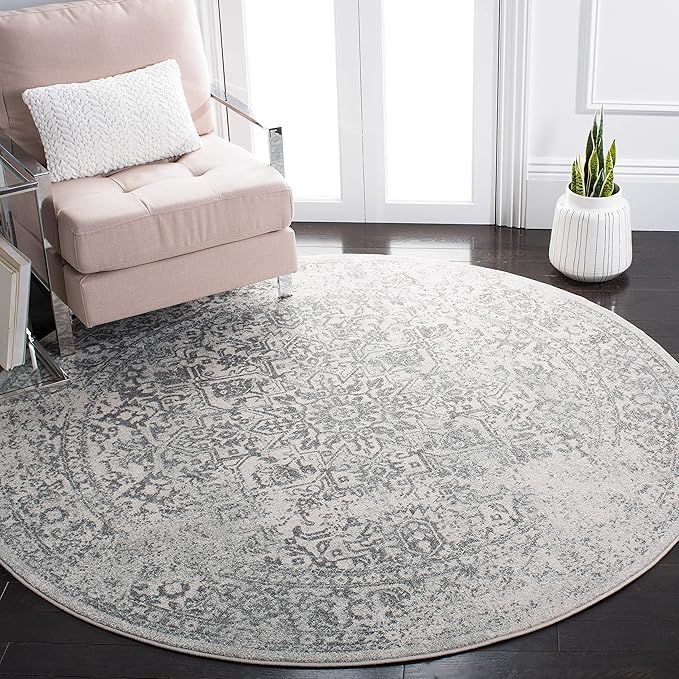 SAFAVIEH Evoke Collection Area Rug - 6'7" Round, Ivory & Grey, Distressed Design, Non-Shedding & Easy to Clean, Ideal for Living Room, Bedroom, Dining Space (EVK256F)
