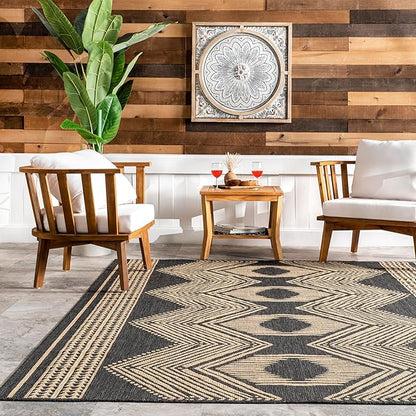 nuLOOM 2' x 3' Outdoor Tribal Geometric Area Rug, Stain Resistant, Weather Resistant, High Traffic, Patio, Balcony, Outside, Ranya Dark Grey