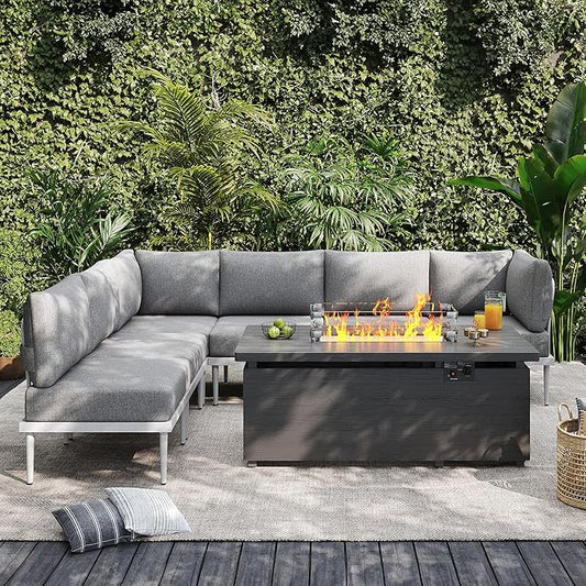 Sundale Outdoor 7 Pieces Patio Furniture Set with Fire Pit Table, L-Shaped Outdoor Sectional Sofa with 6 Inch Olefin Cushion, All-Weather Modern Metal Outdoor Conversation Sets (6 Seats,White Frame)