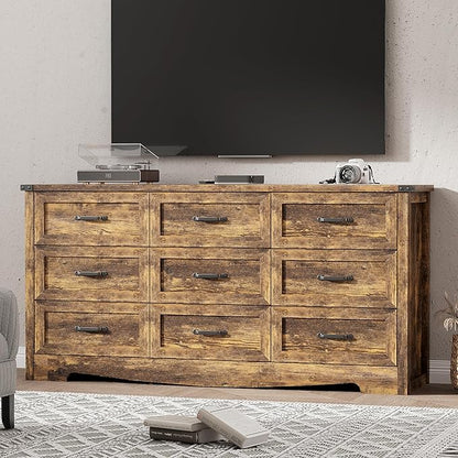 Dresser for Bedroom with 9 Drawers, 59" Wide Wood Chest of Drawers with Deep Drawers & Mental Handle, Modern Dresser TV Stand, Wooden Closet Storage Organizer for Living Room, Hallway, Entryway, Brown