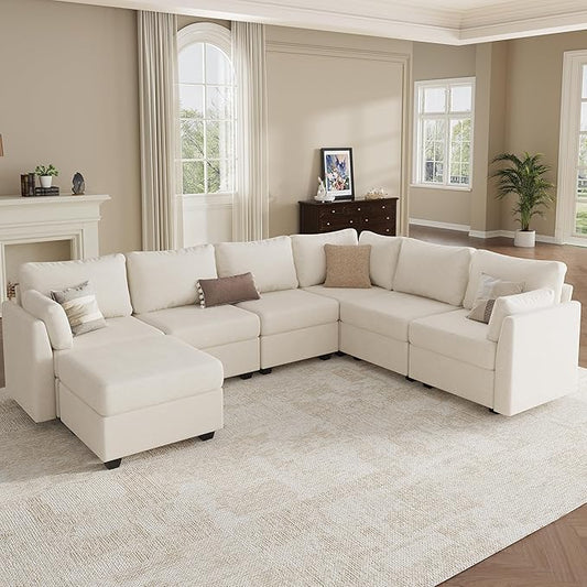 Modular Sectional Sofa Couches, Large Convertible Modular Couches with Storage, 7-Seater Sectional Sofa for Living Room, U Shaped Sectional Couch Sleeper Sofa with Chaise (Beige, 7 Seats)