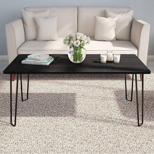 Coffee Table with Hairpin Legs - Modern Industrial Style Home Decor - Woodgrain-Look and Steel Accent Living Room Furniture by Lavish Home (Black)