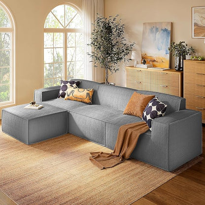 Marsail Modular Sectional Sofa, 111" L-Shaped Modular Sectional Couch with Deep Seat, Freely Combinable Sectional Clound Sofa for Living Room, No Assembly, Plush Corduroy Fabric, Grey