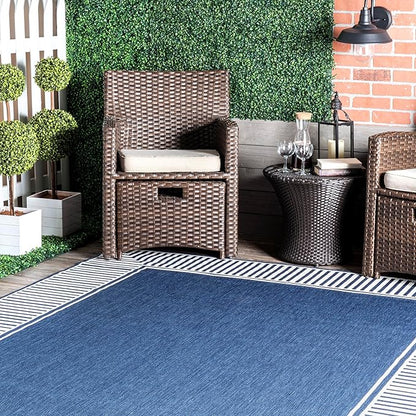 nuLOOM 10' x 13' Outdoor Area Rug, Casual Design with Striped Border, Stain Resistant, Highly Durable, for Patio, Balcony, Bedroom, Living Room, Dining Room, Bathroom, Navy