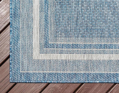 Unique Loom Outdoor Border Collection Area Rug - Soft Border (7' 10" Square, Blue/ Ivory)