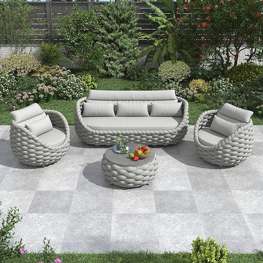 4 Pieces Woven Rope Patio Conversation Set: Rustproof Aluminum Frame, Weather Resistant, Thick Cushions, No Assembly, Easy to Clean, Comfy Outdoor Sofa Set for Porch Deck Yard Hotel - Gray