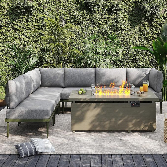 Sundale Outdoor 7 Pieces Patio Furniture Set with Fire Pit Table, L-Shaped Outdoor Sectional Sofa with 6 Inch Olefin Cushion, All-Weather Modern Metal Outdoor Conversation Sets (6 Seats,Green Frame)