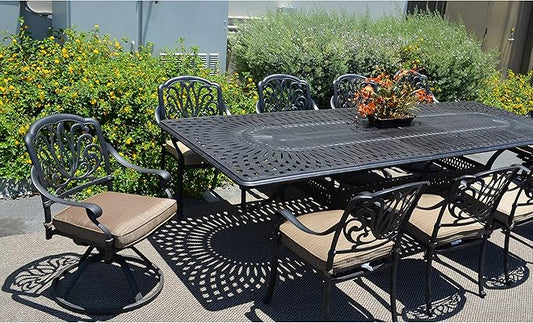 Elizabeth Outdoor Cast Aluminum Powder Coated 11-Piece Dining Set with Extendable 132in Rectangular Dining Table (Premium Sunbrella-Linen-Sesame Cushions)