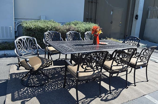 Elizabeth Outdoor Patio 9pc Dining Set 44" X 84" Cast Aluminum, Walnut Cushions