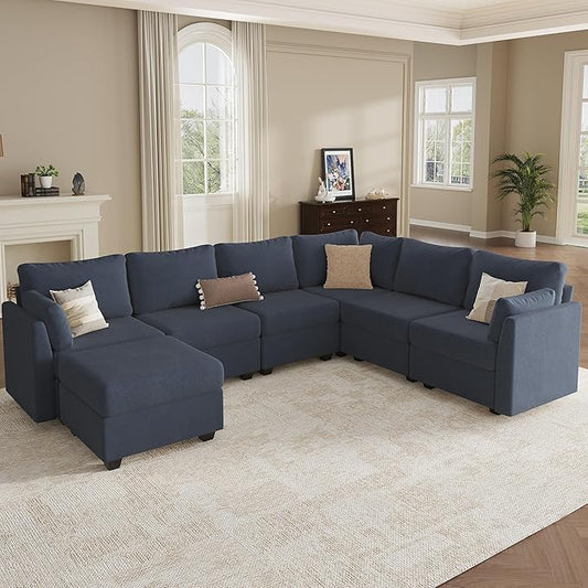 Modular Sectional Sofa Couches, Large Convertible Modular Couches With Storage, 7-Seater Sectional Sofa For Living Room, U Shaped Sectional Couch Sleeper Sofa With Chaise (BlueGrey, 7 Seats)