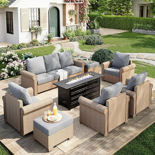 Patio Furniture Set 8 pcs, Wicker Outdoor Patio Furniture, 3-Seat Sofa, 4 Single Chairs, 2 Ottomans and 56" Gas Fire Pit Table, Rattan Patio Conversation Set for Backyard Deck, Grey