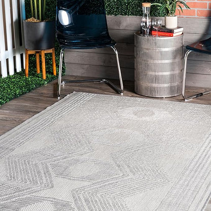nuLOOM 2' x 10' Outdoor Tribal Geometric Area Rug, Stain Resistant, Weather Resistant, High Traffic, Patio, Balcony, Outside, Ranya Light Grey