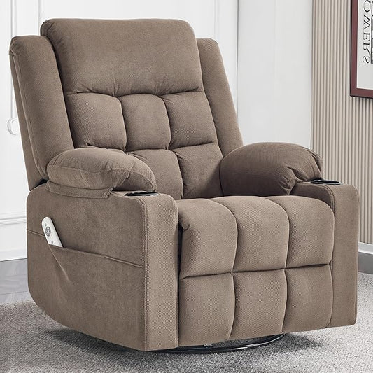 Swivel Rocker Recliner Chair for Adults with Massage and Heat, Cup Holders and Side Pockets, Glider Rocking Reclining Single Sofa Chair for Living Room (Coffee)