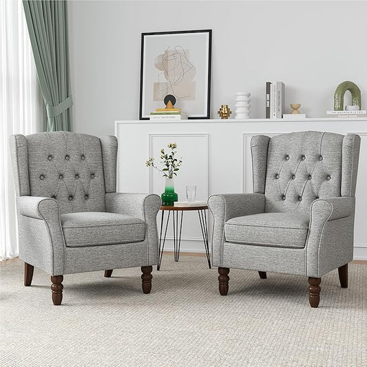 High Back Accent Chairs Set of 2, High Wingback Chair for Living Room, Button-Tufted Upholstered Fabric Armchair with Solid Wood Legs, Comfy Single Sofa Reading Chair for Bedroom, Light Gray