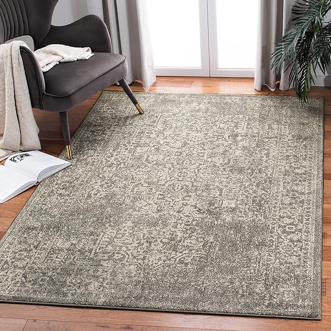 SAFAVIEH Evoke Collection 6'7" x 9' Silver / Ivory EVK256S Oriental Distressed Non-Shedding Living Room Bedroom Dining Home Office Area Rug