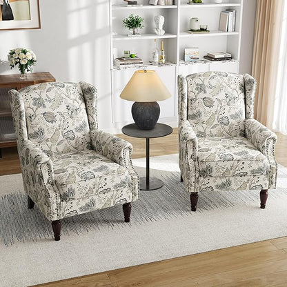 Pia Ricco High Back Floral Accent Chair - Retro Wingback Upholstered Armchair with Nailhead Trim, Solid Wood Legs, Fabric Living Room Bedroom Reading Chair (Plants Beige)
