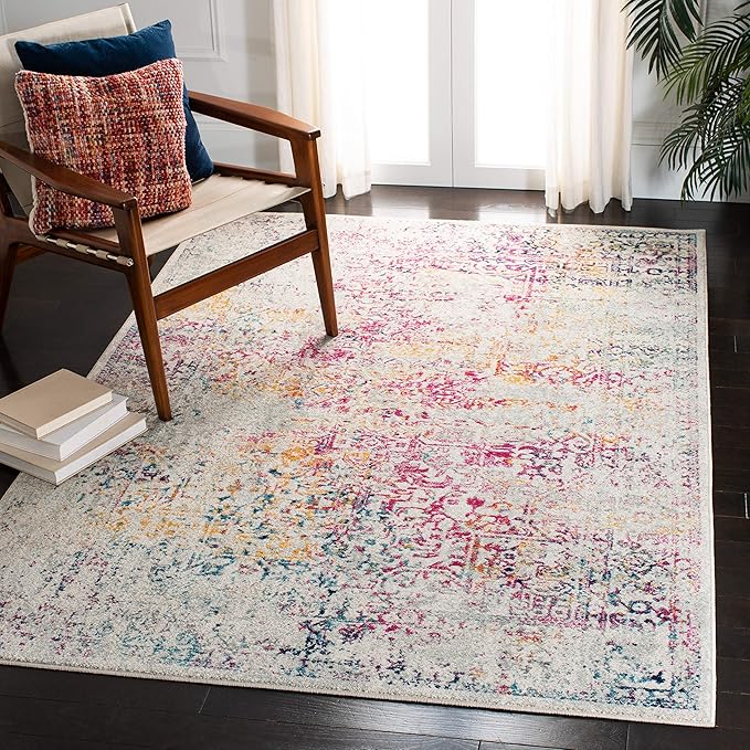 SAFAVIEH Evoke Collection 6'7" x 9' Ivory / Fuchsia EVK256Q Oriental Distressed Non-Shedding Living Room Bedroom Dining Home Office Area Rug