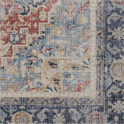 RUGGABLE Washable Vintage Area Rug – Kamran Cayenne Red 8 ft Round, Stain-Resistant, Non-Slip – Large Machine Washable Rugs for Living Room, Bedroom, Hallway, Entryway & Office–with Standard Pad