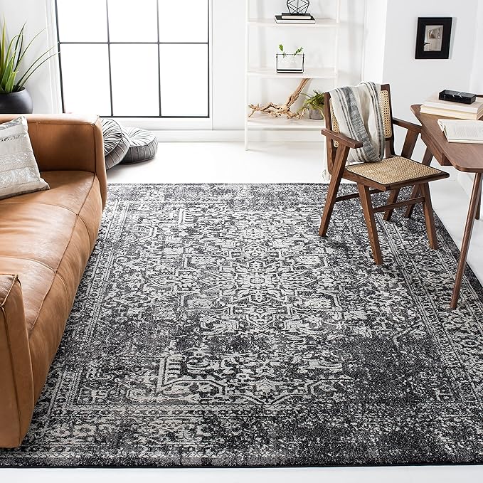 SAFAVIEH Evoke Collection Area Rug - 6'7" Square, Black & Grey, Distressed Design, Non-Shedding & Easy to Clean, Ideal for Living Room, Bedroom, Dining Space (EVK256R)