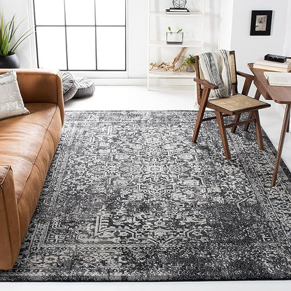 SAFAVIEH Evoke Collection Area Rug - 6'7" Square, Black & Grey, Distressed Design, Non-Shedding & Easy to Clean, Ideal for Living Room, Bedroom, Dining Space (EVK256R)