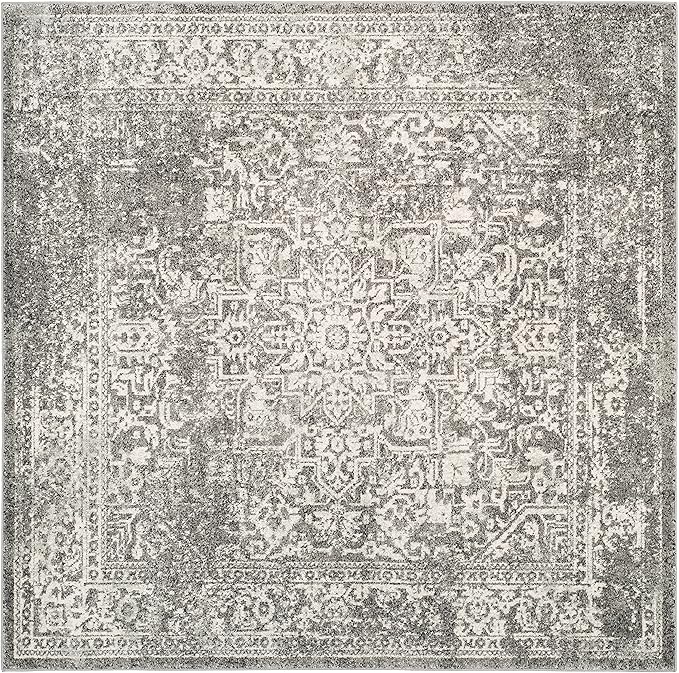 SAFAVIEH Evoke Collection Area Rug - 3' Square, Grey & Ivory, Distressed Design, Non-Shedding & Easy to Clean, Ideal for Foyer, Bedroom, Accent Space (EVK256D)