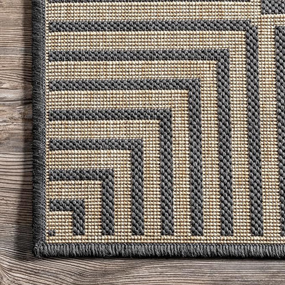 nuLOOM 6'7" Round Outdoor Area Rug, Casual Design With Striped Border, Stain Resistant, Highly Durable, For Patio, Balcony, Bedroom, Living Room, Dining Room, Bathroom, Dark Grey
