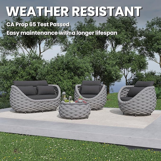 4 Pieces Assembled Patio Conversation Sets, Hand Woven Rope Outdoor Furniture Sofa Set - Aluminum Modern Cushions Couch Armchair Table Set - All Weather for Indoor Deck Porch Backyard Hotel