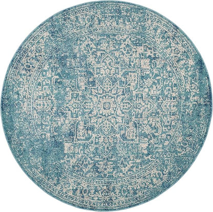 SAFAVIEH Evoke Collection Area Rug - 6'7" Round, Blue & Ivory, Distressed Design, Non-Shedding & Easy to Clean, Ideal for Living Room, Bedroom, Dining Space (EVK256C)
