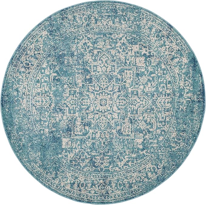SAFAVIEH Evoke Collection Area Rug - 9' Round, Blue & Ivory, Distressed Design, Non-Shedding & Easy to Clean, Ideal for Living Room, Bedroom, Dining Space (EVK256C)