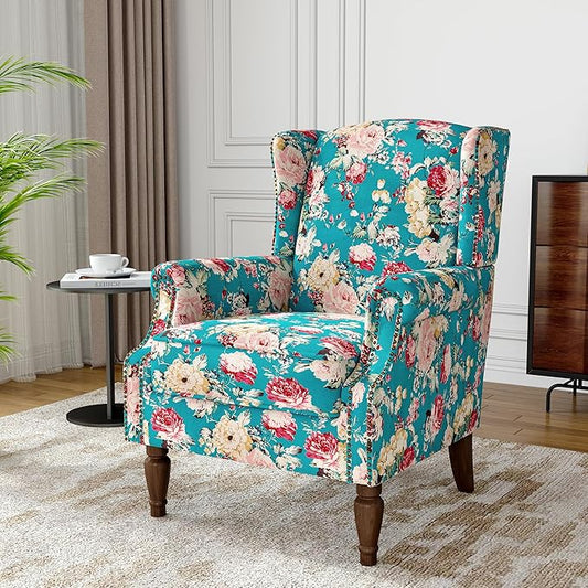 Wingback Accent Chair, High Back Upholstered Armchair, Floral Fabric Wingback Arms Chairs with Retro Solid Wood Legs, Single Sofa Reading Chair for Bedroom Living Room, Peacock Blue