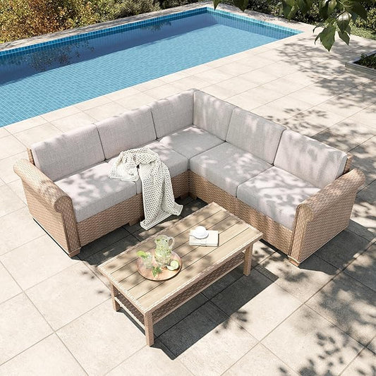 HERA'S HOUSE 6 Piece Patio Furniture Set, Outdoor Sectional Wicker Sofa with 44" Coffee Table, 5.5" Thick Waterproof Cushion All Weather 5 Seats Modular Conversation Set for Garden Deck Backyard