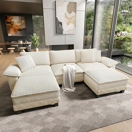 HERA'S HOUSE Oversized Modular Sectional Sofa, 124" U Shaped Cloud Couch with Ottoman and Throw Pillow, Mixed Fabric Sleek Couches for Living Room, Beige