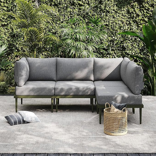 Sundale Outdoor 4 Pieces Patio Furniture Set, L-Shaped Outdoor Sectional Sofa with 6 Inch Olefin Cushion, All-Weather Modern Metal Outdoor Conversation Sets
