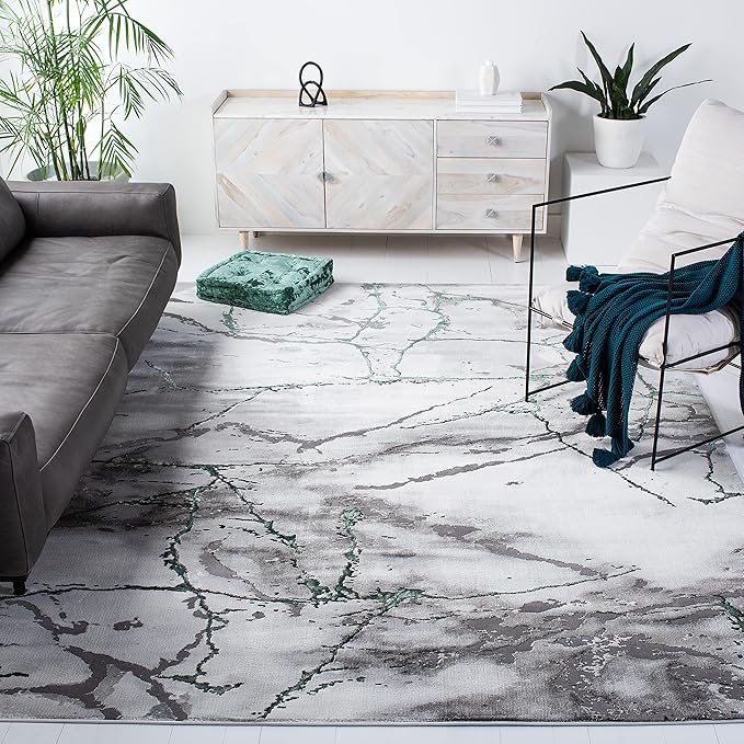 SAFAVIEH Craft Collection Area Rug - 6'7" Square, Grey & Green, Modern Abstract Design, Non-Shedding & Easy Care, Ideal for High Traffic Areas in Living Room, Bedroom (CFT877Y)