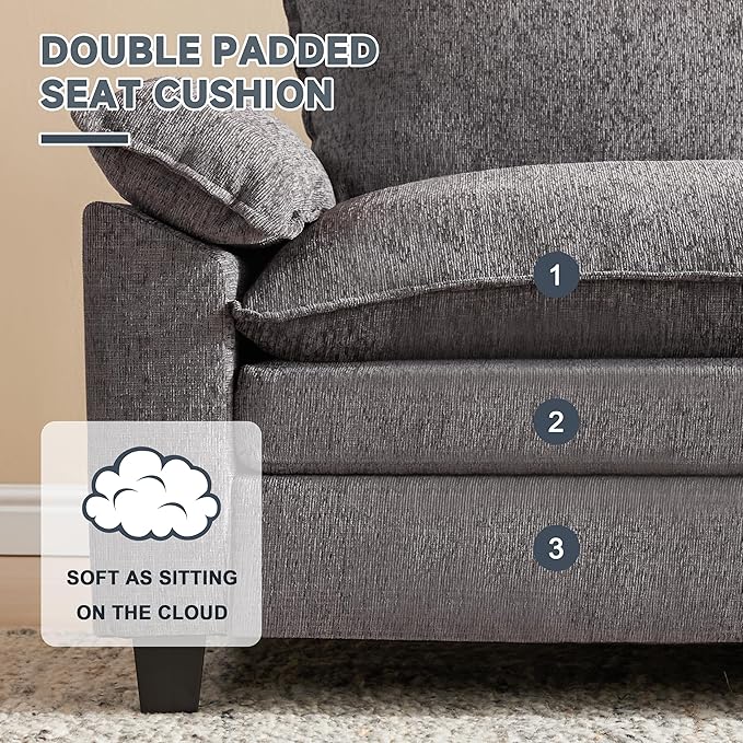 147 Inch Big Comfy Couch with Ottoman, 6 Seat U Shaped Couches, Cloud Modular Sectional Sofa, Modern Cloud Couch Sectionals, Sectional Couches for Living Room, Oversize Deep Seat Sofa, Grey
