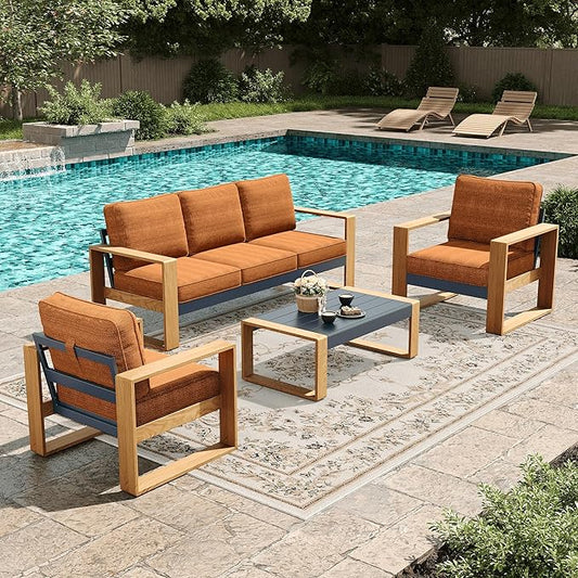 LayinSun 4 Pieces Aluminum Patio Furniture Set with Coffee Table, Oversized Seat with Hight Back, Outdoor Conversation Sets for Porch, Balcony, Deck