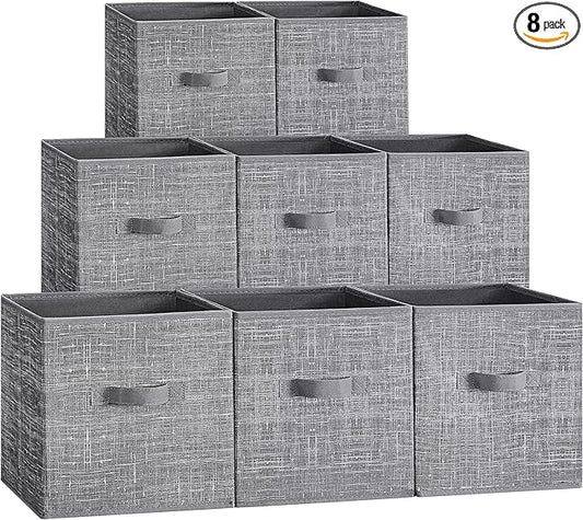 SONGMICS Storage Cubes, 10.2 x 10.2 x 11 Inches Non-Woven Fabric Bins with Double Handles, Set of 8, Closet Organizers for Shelves, Foldable, for Clothes, Cattail Gray UROB826G01