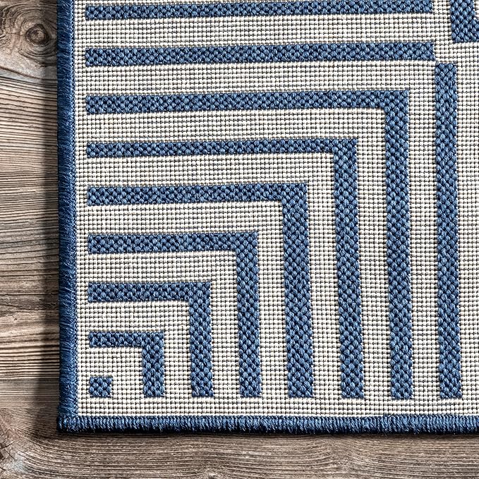 nuLOOM 7' Square Outdoor Area Rug, Casual Design with Striped Border, Stain Resistant, Highly Durable, for Patio, Balcony, Bedroom, Living Room, Dining Room, Bathroom, Navy