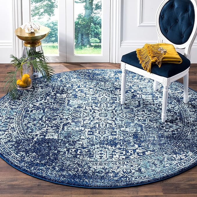 SAFAVIEH Evoke Collection Area Rug - 9' Round, Navy & Ivory, Distressed Design, Non-Shedding & Easy to Clean, Ideal for Living Room, Bedroom, Dining Space (EVK256A)