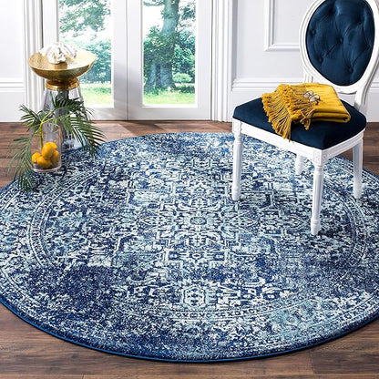 SAFAVIEH Evoke Collection Area Rug - 6'7" Round, Navy & Ivory, Distressed Design, Non-Shedding & Easy to Clean, Ideal for Living Room, Bedroom, Dining Space (EVK256A)